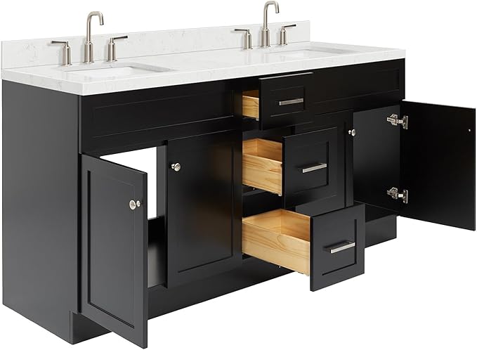 ARIEL Hamlet 72-inch Bathroom Vanity with Sink,Solid Wood, 1.5-inch Carrara White Quartz Countertop & Backsplash, Double Rectangular Porcelain Sink, 4 Soft Closing Doors, 3 Dovetail Drawers, Black