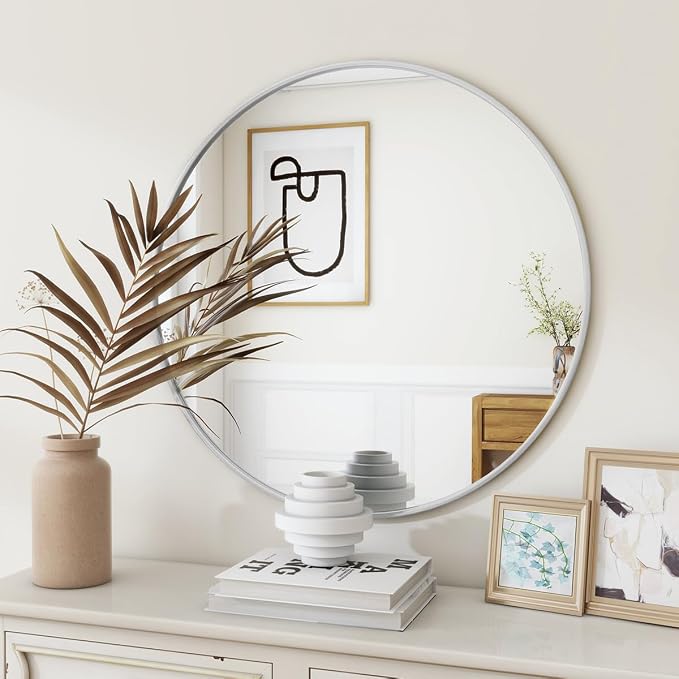 BEAUTYPEAK 30 Inch Round Mirror, Metal Frame Circle Mirror, White | Wall Mounted for Entryway, Bathroom, Vanity, Living Room