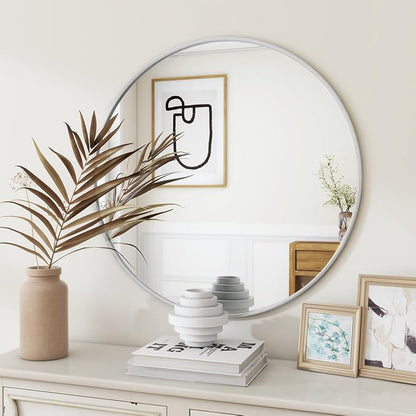 BEAUTYPEAK 30 Inch Round Mirror, Metal Frame Circle Mirror, White | Wall Mounted for Entryway, Bathroom, Vanity, Living Room