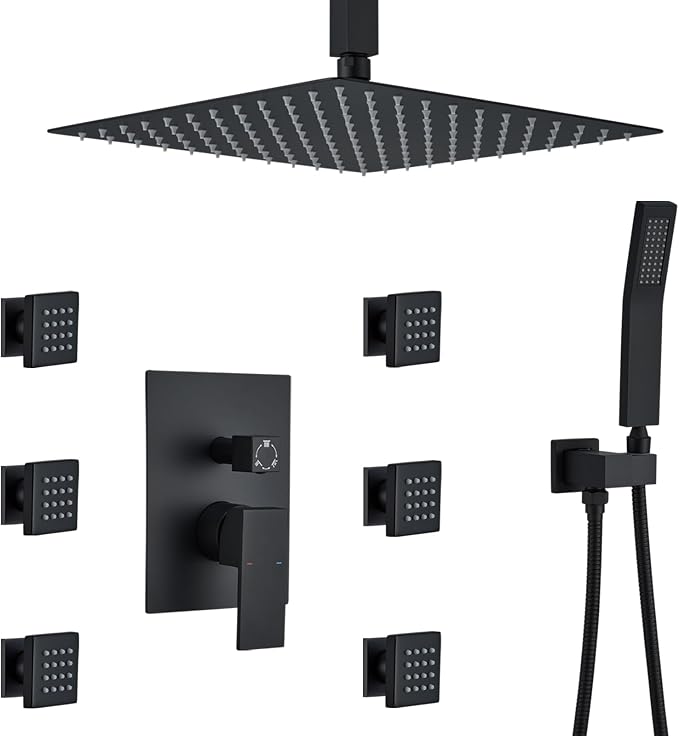 Rain Shower System With Complete 6 Pcs Body Sprays Jets And Pressured Balance Rough-in Valve,12Inch Rainfall Shower Head And Handheld, Modern Matte Black Ceiling Mount Shower Faucets Sets