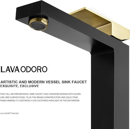 Matte Black and Brushed Gold Vessel Sink Faucet, Lava Odoro Single Handle Bathroom Faucet Single Hole Bathroom Sink Faucet Tall Bowl Sink Faucet with Drain Assembly, BF307-GB-T