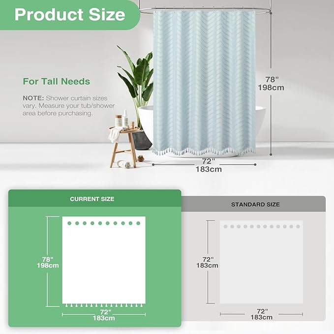 Dynamene 78 Inches Long Shower Curtain, Boho Tufted Chevron Striped Tall Cloth Shower Curtains for Bathroom, Large Hotel Spa Luxury Shower Curtain Set with Hooks, Wrinkle Free, Fog Blue, 72x78