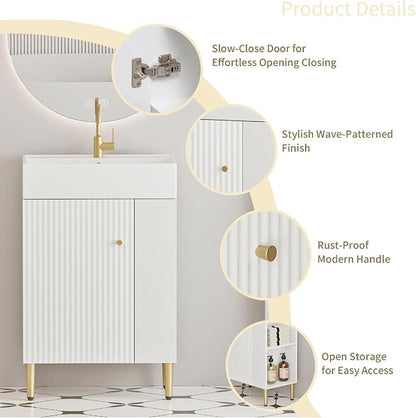 21.6" Freestanding Bathroom Vanity with Ceramic Sink, White | Ceramic Sink, Wave-Pattern Door & Two-Layer Right Open Compartment, Bathroom Storage Cabinet, Easy Installation