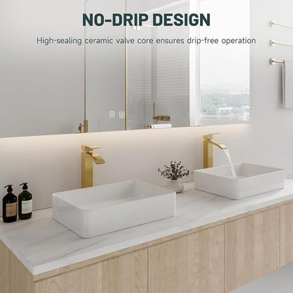Brushed Gold Vessel Sink Faucet, Waterfall Bathroom Faucets | Brass, Tall Spout, Single Handle 1 Hole Bathroom Faucet, Modern Basin Taps with Supply Line, Pop Up Drain, Without Overflow