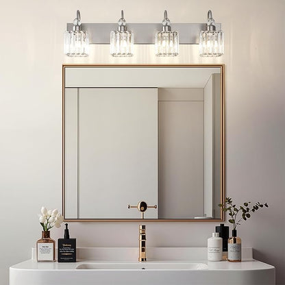 Ralbay Crystal Brushed Nickel Vanity Light for Bathroom 4-Light Modern Bathroom Light Fixtures