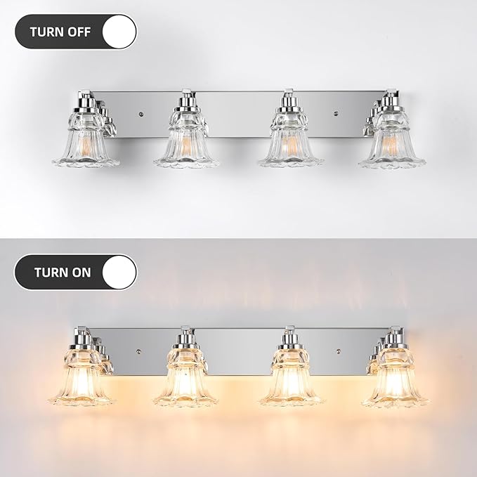 Vintage 4-Light Bathroom Vanity Light, Chrome Bathroom Light Fixtures with Floral Clear Glass Shades, Antique Wall Sconce Fixtures for Dressing Table, Bedroom