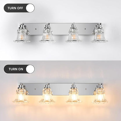 Vintage 4-Light Bathroom Vanity Light, Chrome Bathroom Light Fixtures with Floral Clear Glass Shades, Antique Wall Sconce Fixtures for Dressing Table, Bedroom