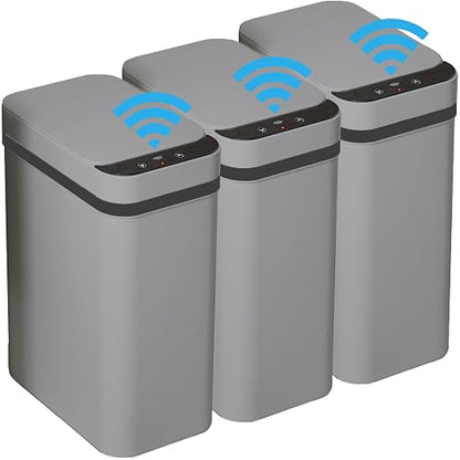 3 PACK - Small Trash Can with Lid for Bathroom - Automatic Trash Cans | Bedroom, Kitchen, Office - 2.5 Gallon Slim Smart Garbage Can Touchless - Motion Sensor Trash can Bathroom ( Grey )