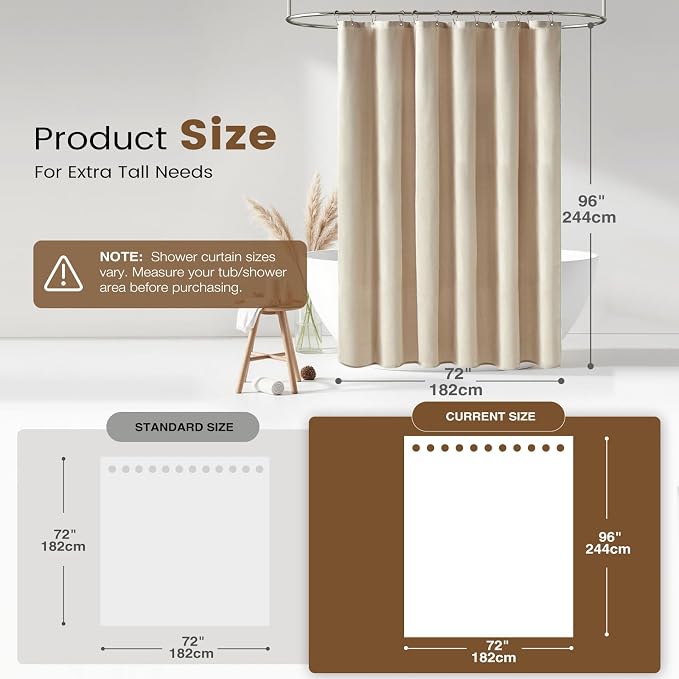 BTTN 72x96 Long 3 in 1 Linen Texture Shower Curtain with Liner, Cream/Beige | Extra Long, 230GSM Heavy Duty Polyester, Waterproof Clear Liner, Weighted Hem, 12 Plastic Hook, Hotel Style, Machine Washable