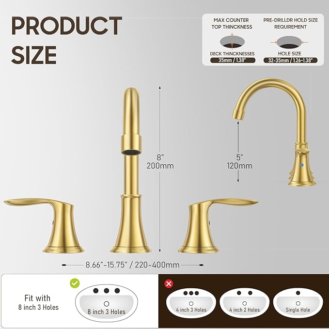 Phiestina Brushed Gold Widespread 8 Inch 3 Holes Bathroom Faucet，2 Handles Modern Bathroom Sink Faucet with Metal Pop-Up Drain & Water Supply Line, WFTY36-BG