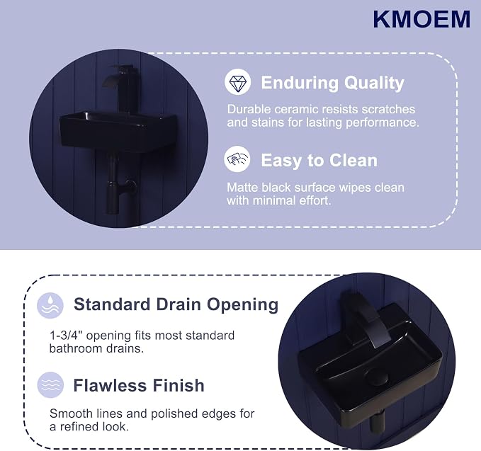 Small Wall Mount Bathroom Vessel Sink Matte Black 14"x10" Rectangular Floating Porcelain Ceramic Black Wall Hung Vanity Basin Sink for Tiny Home,RV,Bathroom
