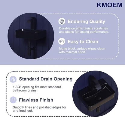 Small Wall Mount Bathroom Vessel Sink Matte Black 14"x10" Rectangular Floating Porcelain Ceramic Black Wall Hung Vanity Basin Sink for Tiny Home,RV,Bathroom