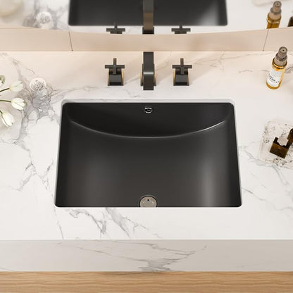 Black Ceramic 22"x15" Undermount Bathroom Lavatory Sink | Rectangle under counter black bathroom vessel sink for bathroom