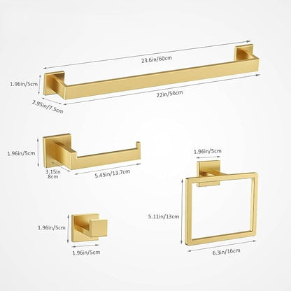 Nevado 5-Piece Wall Mounted Bathroom Hardware Set | Towel Bar, Toilet Paper Holder, Towel Ring & Robe Hook, Brushed Gold Bathroom Accessories, 23.6‑Inch Towel Bar