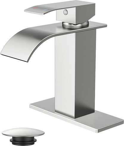 FORIOUS Bathroom Faucet 1 Hole, Waterfall Vanity Sink Faucet Brushed Nickel | Bathroom Sink Faucet 1 or 3 Hole, Square Single Handle with 24" cUPC Supply Line and Pop-up Drain, Fits RV Restroom Basin