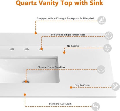 42" x 22" Vanity Top, Quartz Vanity Sink Top in Pure White, with One Sidesplash & One Backsplash, with Undermounted Sink,8 Inch Faucet Hole Spread for Vanity Top with Sink