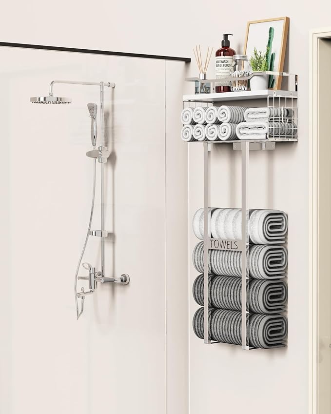Aetyord Towel Racks for Bathroom - Wall Mounted Metal Rack with Wood Plank, Bathroom Storage Organizer, Towel Holder Stores 6 Large Rolled Towels Easily, Silver with White Plank