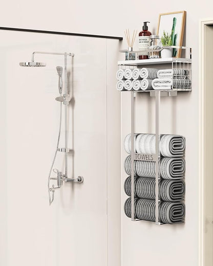 Aetyord Towel Racks for Bathroom - Wall Mounted Metal Rack with Wood Plank, Bathroom Storage Organizer, Towel Holder Stores 6 Large Rolled Towels Easily, Silver with White Plank