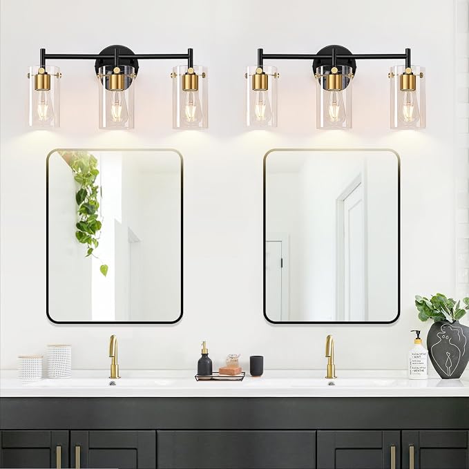 Indoi Bathroom Light Fixtures, 3-Light Black and Gold Vanity Light, Black Bathroom Lights Over Mirror with Clear Glass Shade for Mirror Bedroom Living Room
