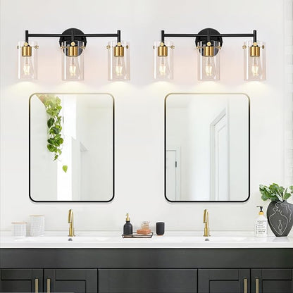 Indoi Bathroom Light Fixtures, 3-Light Black and Gold Vanity Light, Black Bathroom Lights Over Mirror with Clear Glass Shade for Mirror Bedroom Living Room