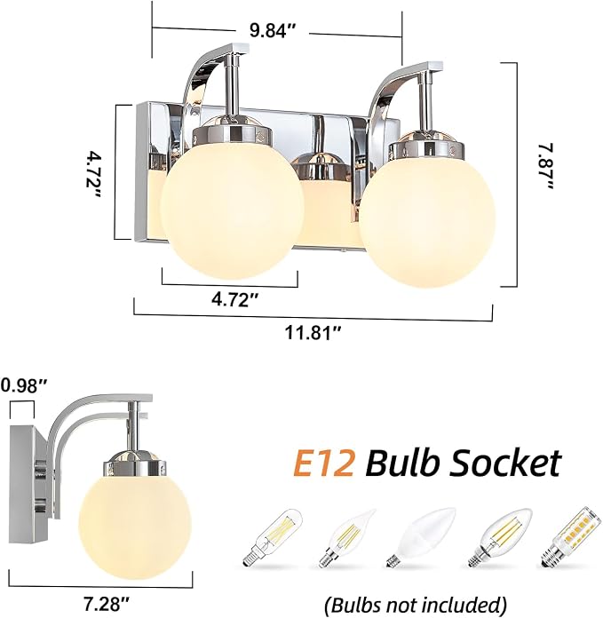 Modern 2 Lights Vanity Light Over Mirror Bathroom Vanity Light Fixtures Chrome Wall Sconce with Milk Glass Vanity Light for Bathroom Lighting