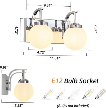 Modern 2 Lights Vanity Light Over Mirror Bathroom Vanity Light Fixtures Chrome Wall Sconce with Milk Glass Vanity Light for Bathroom Lighting