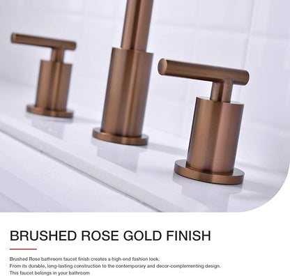 TRUSTMI 2 Handle 8 Inch Widespread Bathroom Sink Faucet with Overflow Pop Up Drain Assembly 3 Piece Brown Bronze Vanity Tap with cUPC Water Supply Lines, Brass, Brushed Rose Gold