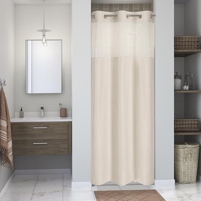 eachope No Hook Linen Texture Shower Curtain with Snap-in Liner,48x74 Cream | 230GSM Thick Fabric,Hotel Luxury Decor,Mesh Top Window,Waterproof & Machine Washable,for Shower Stall or Bathroom