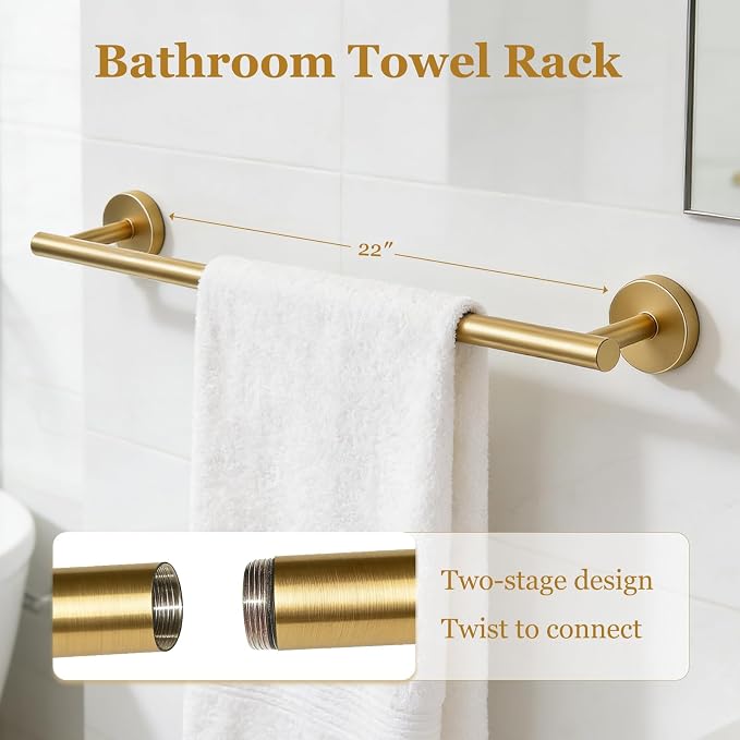 5-Pieces Wall Mount Bathroom Hardware Set,22in Brushed Gold Towel Bar Set | Stainless Steel Waterproof Bathroom Accessories Set, Toilet Paper Holder with Shelf,Towel Ring,Coat Hook,Round