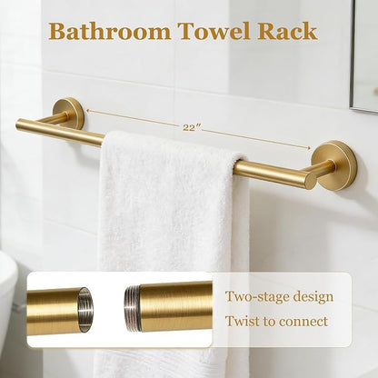 5-Pieces Wall Mount Bathroom Hardware Set,22in Brushed Gold Towel Bar Set | Stainless Steel Waterproof Bathroom Accessories Set, Toilet Paper Holder with Shelf,Towel Ring,Coat Hook,Round