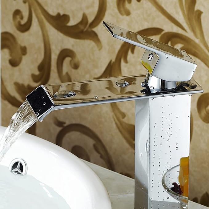 Chrome Bathroom Vessel Faucet Waterfall One Hole Bowl of Sink Faucet Tall Single Handle Bathroom Faucets with Drain Assembly Modern Vanity Lavatory Deck Mount Supply Lines Hose