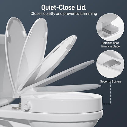BIGCOW Raised Toilet Seat with Bidet - Round, Soft Close, 3" Height - Dual Nozzle (Frontal & Rear Wash) with Adjustable Cold Water Pressure and Stainless Steel Inlet (Round)