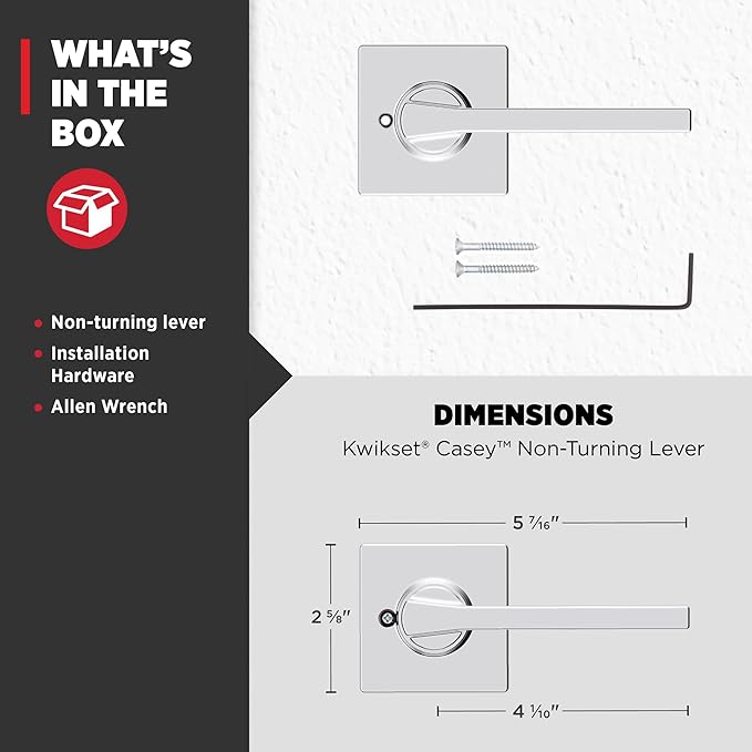 Kwikset Casey Dummy Door Handle, Single Sided Lever for Closets, French Double Doors, and Pantry, Polished Chrome Non-Turning Reversible Interior Push/Pull Lever