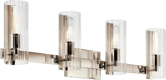 Kichler Jemsa 4 Light Vanity, Modern Light with Clear Fluted Glass in Polished Nickel for Bathroom or Powder Room (9.75" x 32"), 55169PN