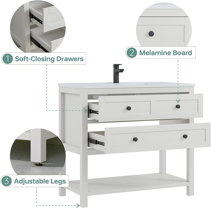 36 Inch Bathroom Vanity with Sink, White | Farmhouse Storage Cabinet with SMC Integrated Sink, Drawers & Open Storage Shelf, Easy Assembly, Adjustable Feet
