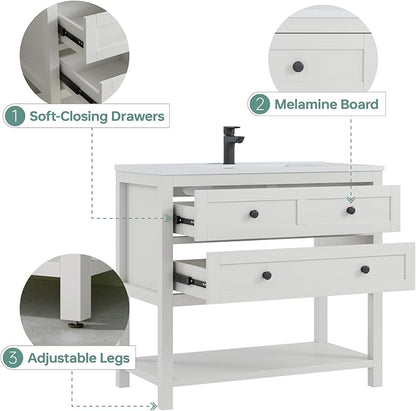 36 Inch Bathroom Vanity with Sink, White | Farmhouse Storage Cabinet with SMC Integrated Sink, Drawers & Open Storage Shelf, Easy Assembly, Adjustable Feet