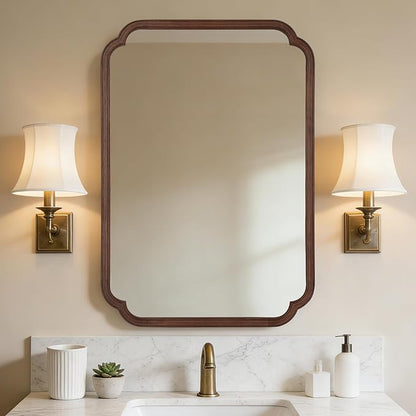28" x 40" Wood Bathroom Mirror for Wall Mounted, Rustic Rounded Corner Vanity Mirror for Entryway, Living Room or Bedroom Home Decorative [28" x 40" Walnut Color]