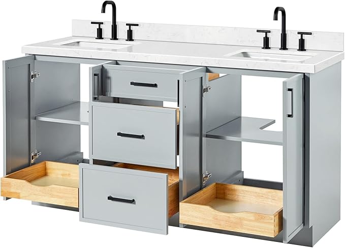 ARIEL Kelly 66-inch Bathroom Vanity with Sink,Solid Wood, 1.5-inch Carrara White Quartz Countertop & Backsplash, Double Rectangular Porcelain Sink, 4 Soft Closing Doors, 5 Dovetail Drawers, Grey