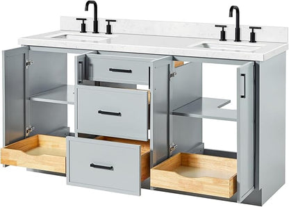 ARIEL Kelly 66-inch Bathroom Vanity with Sink,Solid Wood, 1.5-inch Carrara White Quartz Countertop & Backsplash, Double Rectangular Porcelain Sink, 4 Soft Closing Doors, 5 Dovetail Drawers, Grey