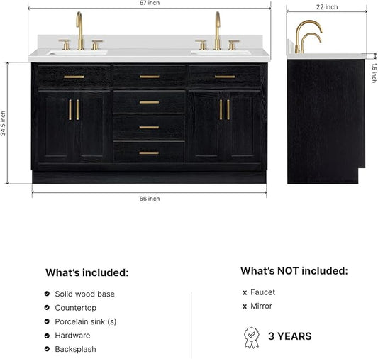 ARIEL Hepburn 66-inch Bathroom Vanity with Sink,Solid Wood, 1.5-inch Pure White Quartz Countertop, Double Rectangular Porcelain Sink, 4 Soft Closing Doors, 6 Dovetail Drawers, Black Oak