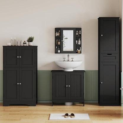 TEENFON Pedestal Sink Storage Cabinet, Under Sink Cabinet with 2 Doors & Shelf, Under Bathroom Sink Cabinet, Pedestal Sink Storage for Bathroom, Black