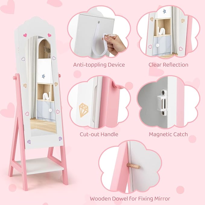 CHARMAID Kids Jewelry Organizer with Full Length Mirror, Standing Jewelry Armoire with Drawers and Storage Shelves, Kids Dress Up Mirror Jewelry Cabinet for Girls Gift (White)