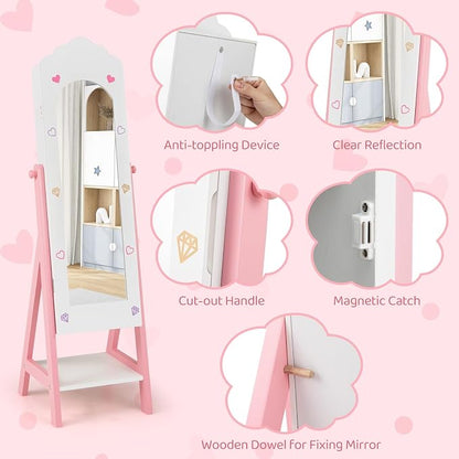 CHARMAID Kids Jewelry Organizer with Full Length Mirror, Standing Jewelry Armoire with Drawers and Storage Shelves, Kids Dress Up Mirror Jewelry Cabinet for Girls Gift (White)