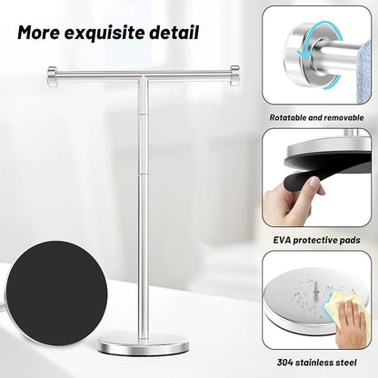 VEHHE T-Shape Hand Towel Holder Stand Height Adjustable Non-Slip-Silver | Height Adjustable 13.7"-17.7" | SUS304 Stainless Steel | Tool-Free Assembly | Removable Anti-Slip Knobs | Base 5.5"