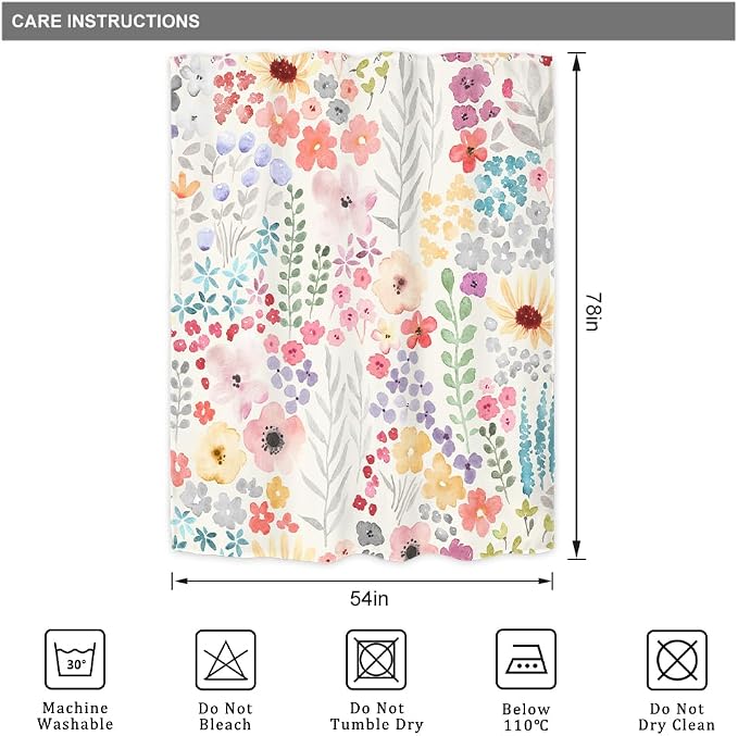 Narrow Small Stall Floral Flower Cute Colorful Bathroom Shower Curtain Set | 54"W x 78"H Plants Botanical; waterproof HD print, quick-dry fabric with 12 hooks for easy hanging.