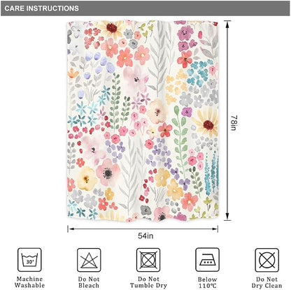 Narrow Small Stall Floral Flower Cute Colorful Bathroom Shower Curtain Set | 54"W x 78"H Plants Botanical; waterproof HD print, quick-dry fabric with 12 hooks for easy hanging.