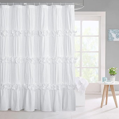 Homechoice Decor Victorian White Ruffle Shower Curtain 72" W x 96" H | Vintage Handcrafted Bow Tie Bath Curtain for Master Bathroom, Ruched Microfiber Bathroom Curtain with 12 Buttonholes (LQ-10)