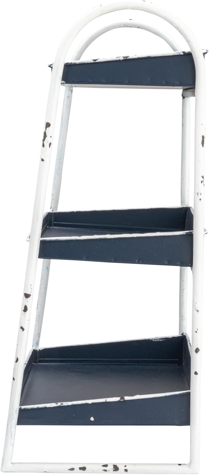 Creative Co-Op Heavily Distressed 3-Tier Metal Tray with White Frame & Rim, Navy