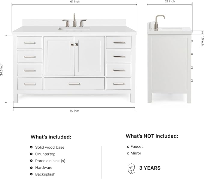 ARIEL Cambridge 60-inch Bathroom Vanity with Sink,Solid Wood, 1.5-inch Pure White Quartz Countertop & Backsplash, Single Rectangular Porcelain Sink, 2 Soft Closing Doors, 9 Dovetail Drawers, White