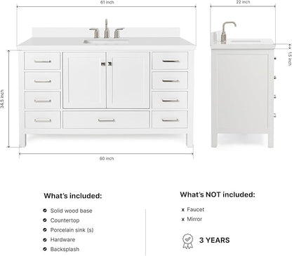 ARIEL Cambridge 60-inch Bathroom Vanity with Sink,Solid Wood, 1.5-inch Pure White Quartz Countertop & Backsplash, Single Rectangular Porcelain Sink, 2 Soft Closing Doors, 9 Dovetail Drawers, White
